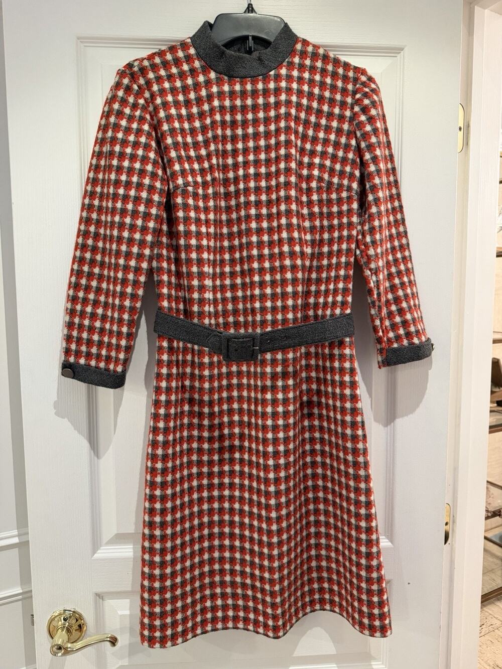 Vintage 70s Parkshire Original Mod Dress Red Gray Check Belted Retro
